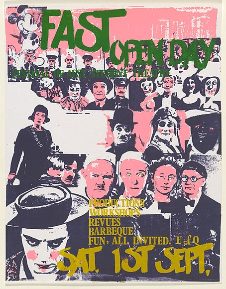 Artist: b'UNKNOWN' | Title: b'FAST [Festival of Australian Student Theatre] open day' | Date: c.1979 | Technique: b'screenprint, printed in colour, from multiple stencils'