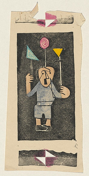 Title: b'not titled [figure with 3 lollipops]' | Technique: b'linocut, printed in colour, from multiple blocks'