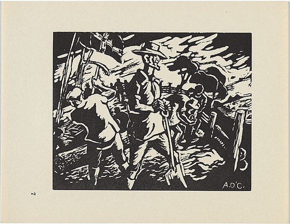 Artist: bO'Connor, Ailsa. | Title: b'Building the stockade.' | Date: 1954 | Technique: b'linocut, printed in black ink, from one block'