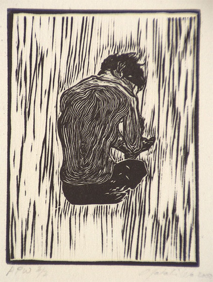 Artist: b'WEBSTER, Natalie' | Title: b'not titled [seated figure with concentric lines on his back]' | Date: 2000, November | Technique: b'linocut, printed in black ink, from one block'