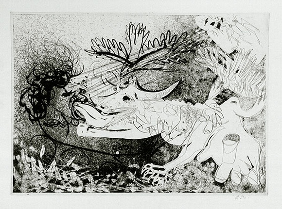 Artist: b'BOYD, Arthur' | Title: b'Hypnotized soldier with a cow.' | Date: (1968-69) | Technique: b'etching, printed in black ink, from one plate' | Copyright: b'Reproduced with permission of Bundanon Trust'