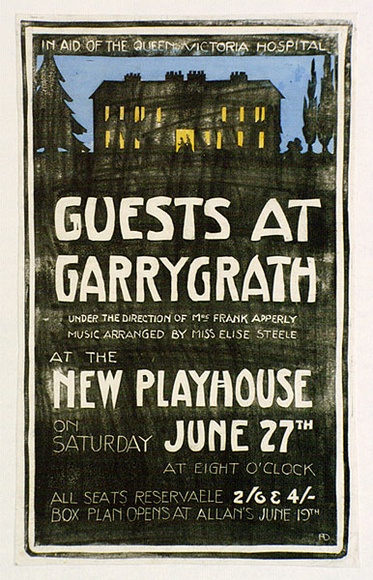 Artist: b'Derham, Frances.' | Title: bPoster; 'Guests at Garrygrath' New Playhouse, Melbourne. | Date: 1931 | Technique: b'linocut, printed in black ink, from one block; hand-coloured'