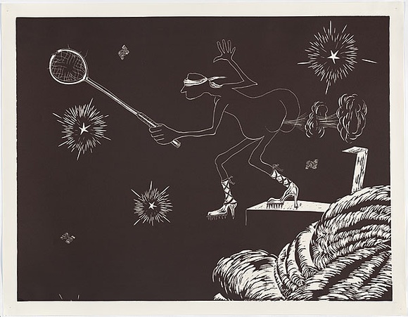 Artist: b'COLEING, Tony' | Title: b'Battlefield (man in blindfold with racquet).' | Date: 1986 | Technique: b'linocut, printed in black ink, from one block'