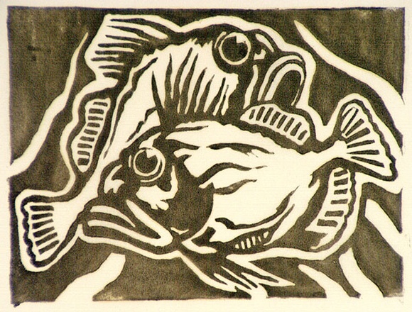 Artist: b'Stephen, Clive.' | Title: b'(Two fish)' | Date: c.1950 | Technique: b'linocut, printed in black ink, from one block'