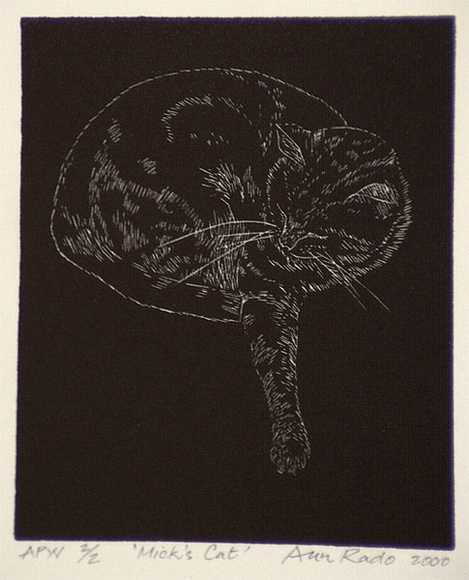 Artist: b'RADO, Ann' | Title: bMick's cat | Date: 2000 | Technique: b'wood engraving, relief printed in black ink, from one block'