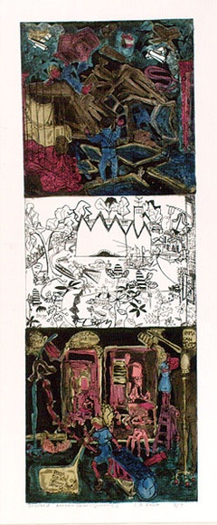 Artist: b'Ewert, Christine.' | Title: b'Unsolved annual-union querries.' | Date: 1984 | Technique: b'etching, printed in black ink from one plate, hand-coloured'
