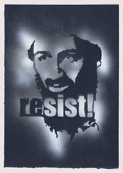 Artist: b'Azlan.' | Title: b'Resist.' | Date: 2003 | Technique: b'stencil, printed in white/silver ink, from one stencil'