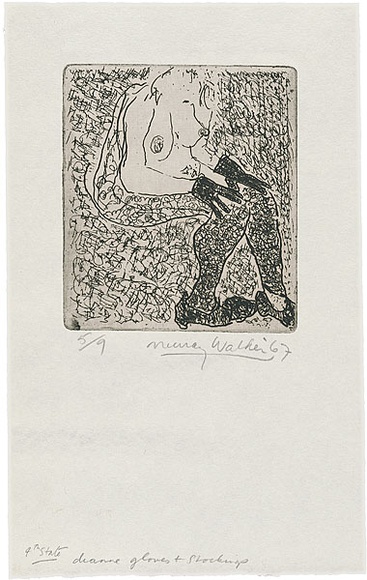 Artist: b'WALKER, Murray' | Title: b'Dianne, gloves and stockings.' | Date: 1967 | Technique: b'etching, printed in black ink, from one plate'