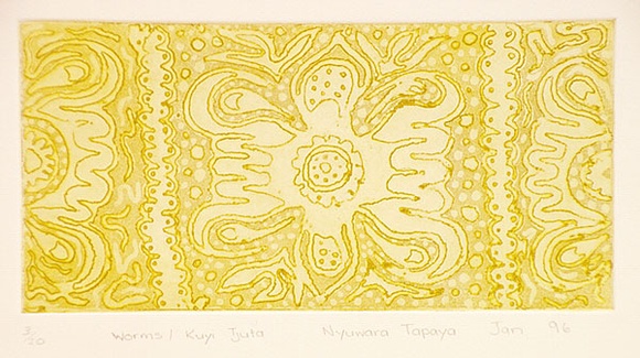 Artist: b'TAPAYA, Nyuwara' | Title: b'Kuyi tjuta' | Date: 1996, January | Technique: b'aquatint, sugarlift and etching, printed in green ink, from one  plate'