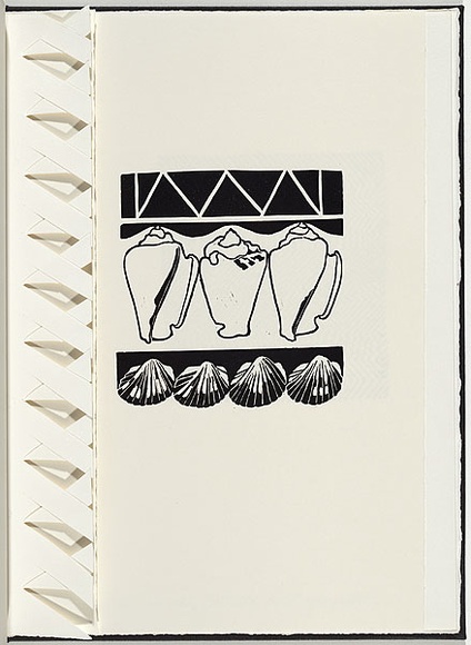 Artist: b'White, Robin.' | Title: b'Not titled (three shells above four shells).' | Date: 1985 | Technique: b'woodcut, printed in black ink, from one block'