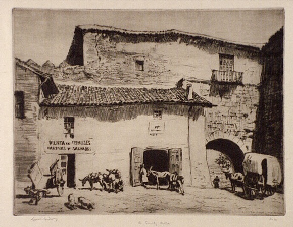 Artist: b'LINDSAY, Lionel' | Title: b'A smithy, Avila, Spain' | Date: 1926 | Technique: b'drypoint, printed in brown ink with plate-tone, from one plate' | Copyright: b'Courtesy of the National Library of Australia'