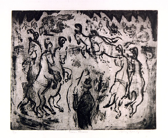 Artist: b'MACQUEEN, Mary' | Title: b'Circus horses' | Date: c.1963 | Technique: b'aquatint, sugar lift, open etch and softground, printed in black ink, from one plate' | Copyright: b'Courtesy Paulette Calhoun, for the estate of Mary Macqueen'