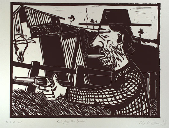 Artist: b'Carr, Mark.' | Title: b'Rob plays the bandit' | Date: 1988 | Technique: b'linocut, printed in black ink, from one block'