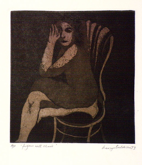 Artist: b'BALDESSIN, George' | Title: b'Figure with chair.' | Date: 1973 | Technique: b'etching and aquatint, printed in colour ink, from two plates.'