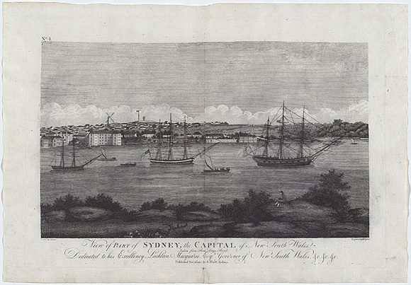 Title: bView of part of Sydney, the capital of New South Wales. Taken from Bene Long's Point. | Date: 1812 | Technique: b'engraving, printed in black ink, from one copper plate'