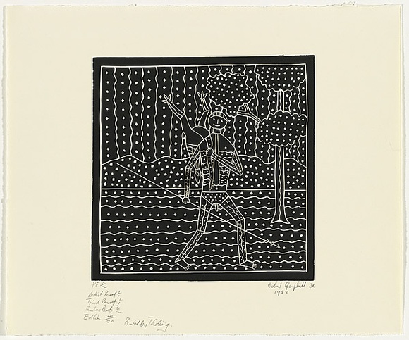 Title: b'The hunter' | Date: 1986 | Technique: b'linocut, printed in black ink, from one block'