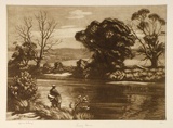 Artist: LINDSAY, Lionel | Title: Trout fishing in the Snowy River | Date: 1946 | Technique: mezzotint and etching, printed in brown ink, from one copper plate | Copyright: Courtesy of the National Library of Australia