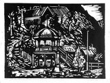 Artist: Taylor, John H. | Title: The Mountaineer Brass Band Stand, Wallhalla | Date: 1974 | Technique: linocut, printed in black and grey ink, from two blocks