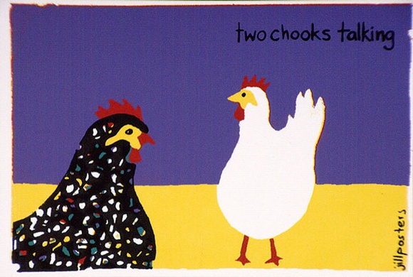 Artist: b'Jill Posters.' | Title: b'Postcard: Two chooks talking' | Date: 1983-87 | Technique: b'screenprint, printed in colour, from four stencils'