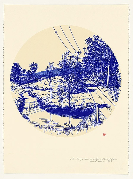 Artist: b'Rose, David.' | Title: bBerry's lane as willow pattern plate | Date: 1985 | Technique: b'screenprint, printed in colour, from multiple stencils'