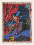 Artist: Lightfoot, Pippa. | Title: Harlequin with grammelot [?] and red curtain | Date: 1989 - 2002 | Technique: lithograph, printed in colour, from multiple stones | Copyright: © Pippa Lightfoot, artist