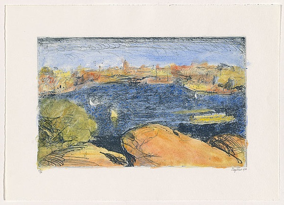Artist: Rees, Lloyd. | Title: Dusk on the Harbour | Date: 1978 | Technique: softground etching, printed in blue ink, from one zinc plate; hand-coloured in watercolour by David Rankin | Copyright: © Alan and Jancis Rees