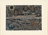 Artist: Robinson, Brian. | Title: Traditional hunting | Date: 1993 | Technique: linocut, printed in black ink, from one block; hand coloured