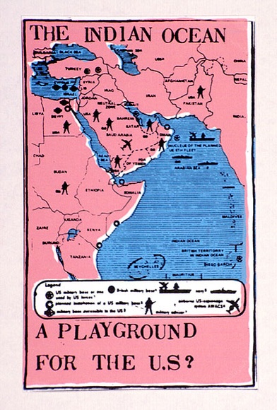 Artist: b'Jill Posters.' | Title: b'Postcard: The Indian ocean. A playground for the U.S?' | Date: 1984 | Technique: b'screenprint, printed in colour, from multiple stencils'