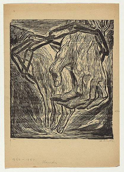 Artist: b'Groblicka, Lidia.' | Title: b'Hands' | Date: 1956-57 | Technique: b'woodcut, printed in black ink, from one block'