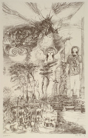 Artist: b'Gibson, Peter.' | Title: bnot titled ['Images?'; city scene, bathers, gas mask, owl] | Date: 1991 | Technique: b'lithograph, printed in black ink, from one stone'