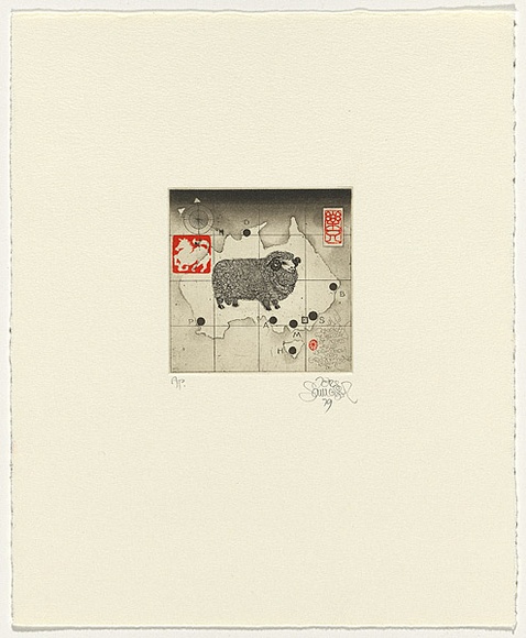 Artist: b'SCHMEISSER, Jorg' | Title: b'Greeting card: New year' | Date: 1979 | Technique: b'etching and aquatint, printed in black ink, from one plate on stamps' | Copyright: b'\xc2\xa9 J\xc3\xb6rg Schmeisser'