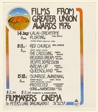 Artist: b'EARTHWORKS POSTER COLLECTIVE' | Title: b'Films from Greater Union Awards 1976.' | Date: 1976 | Technique: b'screenprint, printed in colour, from four stencils'
