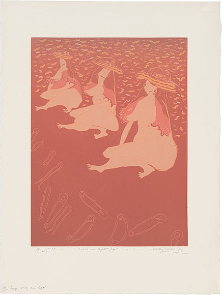 Artist: b'WALKER, Murray' | Title: b'Stella and safety pins.' | Date: 1974 | Technique: b'linocut, printed in colour, from multiple blocks'