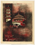 Artist: b'Thorpe, Lesbia.' | Title: b'Pagodas and pavilions' | Date: 1979 | Technique: b'woodcut, printed in colour, from three blocks'