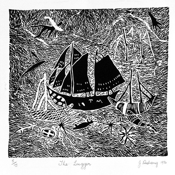 Artist: b'JENUARRIE' | Title: b'The lugger' | Date: 1986 | Technique: b'linocut, printed in black ink, from one block'