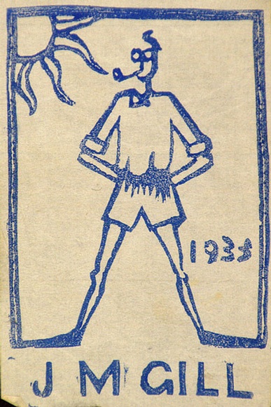 Artist: b'Gill, Justin.' | Title: b'Self-portrait' | Date: 1933 | Technique: b'linocut, printed in black ink, from one block, blue tint'