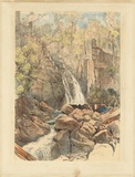 Artist: b'PROUT, John Skinner' | Title: b'The Wellington Falls, Hobart Town.' | Date: 1845 | Technique: b'lithograph, printed in colour, from multiple stones; additional hand-colouring'