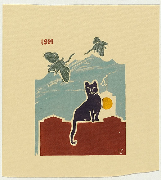 Title: b'not titled [cat sitting on wall with flying mice]' | Date: 1981 | Technique: b'linocut, printed in colour, from five blocks'