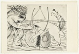 Artist: b'BOYD, Arthur' | Title: b'Figure with beast and moth over water.' | Date: (1968-69) | Technique: b'drypoint, printed in black ink, from one plate' | Copyright: b'Reproduced with permission of Bundanon Trust'