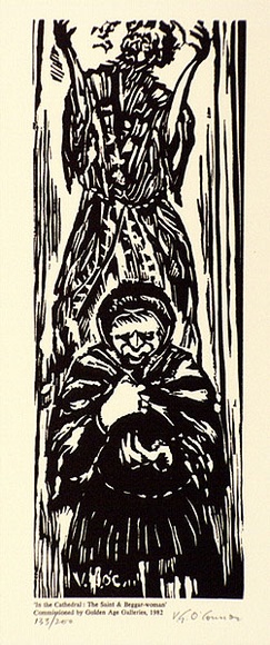 Artist: bO'Connor, Vic. | Title: b'In the Cathedral: The saint and beggarwoman' | Date: 1982 | Technique: b'linocut, printed in black ink, from one block' | Copyright: b'Reproduced with permission of the artist.'