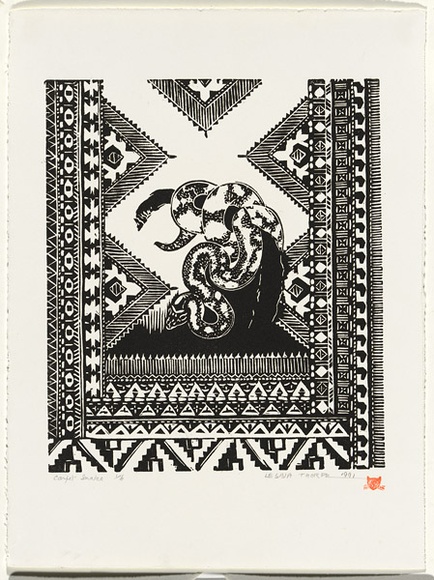 Artist: b'Thorpe, Lesbia.' | Title: b'Carpet snake' | Date: 1991 | Technique: b'linocut, printed in black ink, from one block'