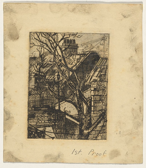 Artist: Claux, Eugene. | Title: (View of Terrace house backyards, Sydney). | Date: 1946 | Technique: etching and aquatint, printed in black ink with plate-tone, from one copper plate