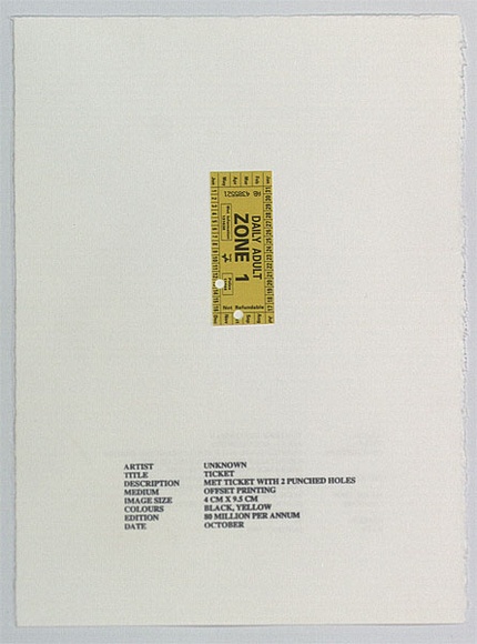 Artist: b'Hesterman, Heather.' | Title: b'Ticket (No. 1 of 4)' | Date: 1995, January | Technique: b'offset printing, printed in black ink' | Copyright: b'\xc2\xa9 Heather Hesterman'