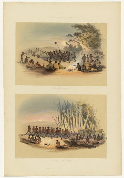 Artist: b'Angas, George French.' | Title: b'The Kuri dance; the Palti dance.' | Date: 1846-47 | Technique: b'lithograph, printed in colour, from multiple stones; varnish highlights by brush'