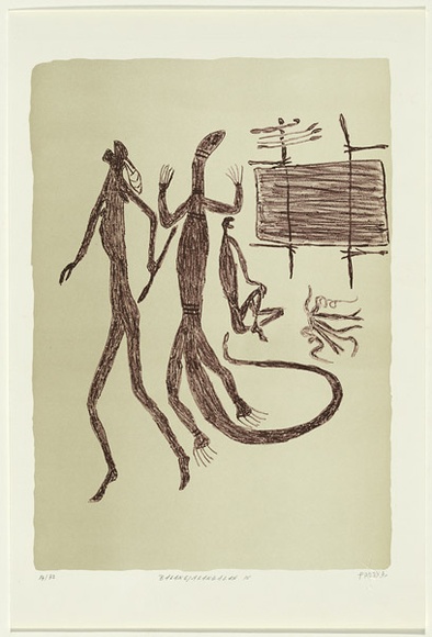 Artist: b'Wainburranga, Paddy.' | Title: b'Balangjalangalan IV' | Date: 1991 | Technique: b'lithograph, printed in black ink, from one stone [or plate]' | Copyright: b'\xc2\xa9 Gela Nga-Mirraitja Fordham. Licensed by VISCOPY, Australia.'