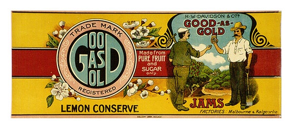 Title: bLabel: H.W. Davidson & Co's. Good as gold jams. Lemon conserve | Date: c.1920 | Technique: b'lithograph, printed in colour, from multiple stones [or plates]'