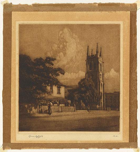 Artist: b'LINDSAY, Lionel' | Title: bSt Philip's church, Sydney | Date: 1919 | Technique: b'mezzotint and etching, printed in brown ink, from one plate' | Copyright: b'Courtesy of the National Library of Australia'