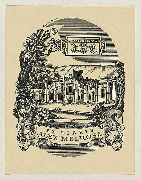 Artist: b'FEINT, Adrian' | Title: b'Bookplate: Alex Melrose.' | Date: (1938) | Technique: b'process block, printed in black ink, from one block' | Copyright: b'Courtesy the Estate of Adrian Feint'