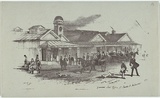 Artist: b'GILL, S.T.' | Title: b'General Post Office, Bourke st Melbourne' | Date: 1854 | Technique: b'lithograph, printed in black ink, from one stone'