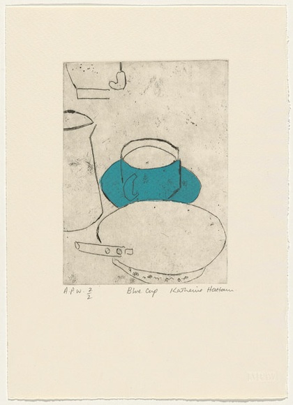 Artist: b'Hattam, Katherine.' | Title: b'Blue cup' | Date: 2000, November | Technique: b'etching, printed in black ink with plate-tone, from one plate; stencil colour'